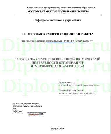 РАЗРАБОТКА СТРАТЕГИИ ВНЕШНЕЭКОНОМИЧЕСКОЙ ДЕЯТЕЛЬНОСТИ ОРГАНИЗАЦИИ  (НА ПРИМЕРЕ «ООО «АГРОТОРГ»)