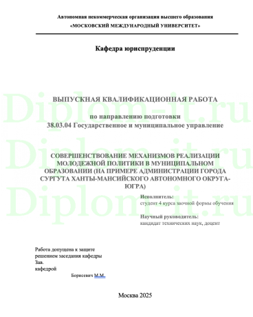 СОВЕРШЕНСТВОВАНИЕ МЕХАНИЗМОВ РЕАЛИЗАЦИИ МОЛОДЕЖНОЙ ПОЛИТИКИ В МУНИЦИПАЛЬНОМ ОБРАЗОВАНИИ (НА ПРИМЕРЕ АДМИНИСТРАЦИИ ГОРОДА СУРГУТА ХАНТЫ-МАНСИЙСКОГО АВТОНОМНОГО ОКРУГА-ЮГРА)
