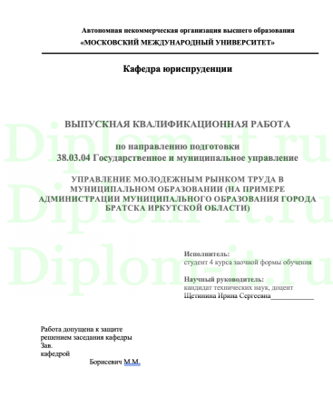 УПРАВЛЕНИЕ МОЛОДЕЖНЫМ РЫНКОМ ТРУДА В МУНИЦИПАЛЬНОМ ОБРАЗОВАНИИ (НА ПРИМЕРЕ АДМИНИСТРАЦИИ МУНИЦИПАЛЬНОГО ОБРАЗОВАНИЯ ГОРОДА БРАТСКА ИРКУТСКОЙ ОБЛАСТИ)