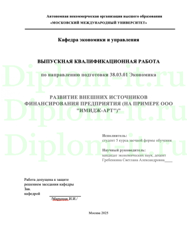 РАЗВИТИЕ ВНЕШНИХ ИСТОЧНИКОВ ФИНАНСИРОВАНИЯ ПРЕДПРИЯТИЯ (НА ПРИМЕРЕ ООО "ИМИДЖ-АРТ")"